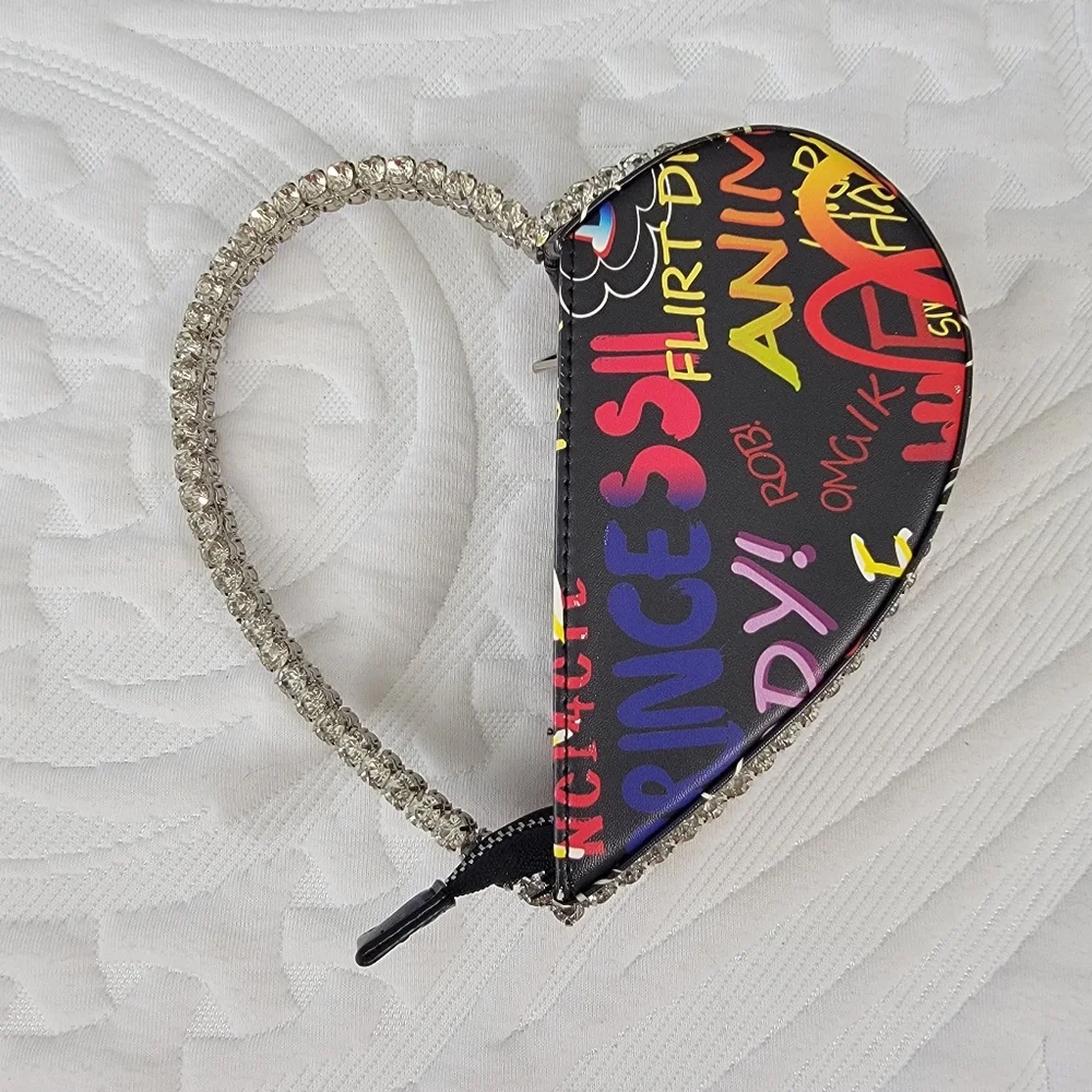 AKIRA Black Graffiti Heart Shaped Mini Bag Rhinestone Handle Bling Going Out - Picture 4 of 13